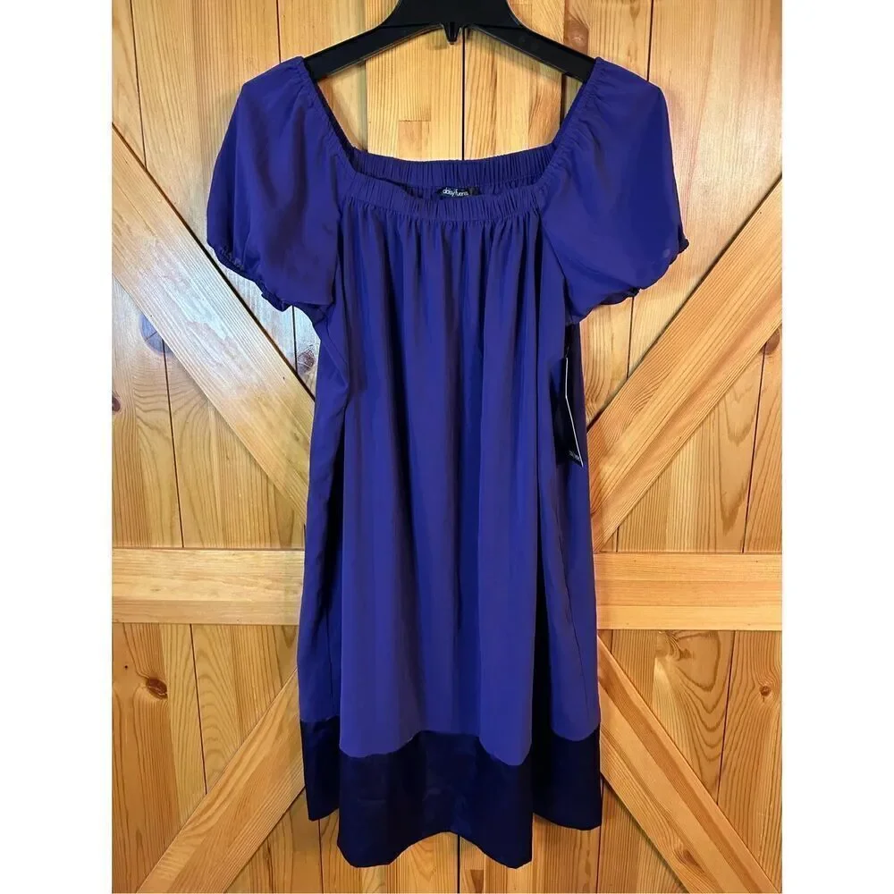 Daisy Fuentes Shift Dress Women's Size L Royal Purple Chiffon Elastic Neck nwt (
